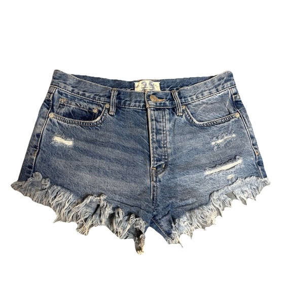 We The Free People Jean Shorts Women's 25 Blue Button Fly Distressed High Waist - Picture 5 of 9